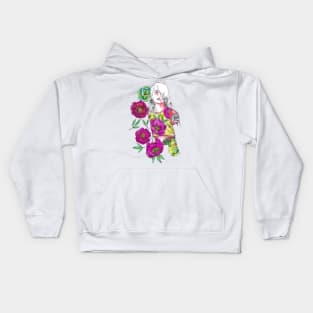 Woman With White Hair - Fashion Illustration with Pink Flowers. Kids Hoodie